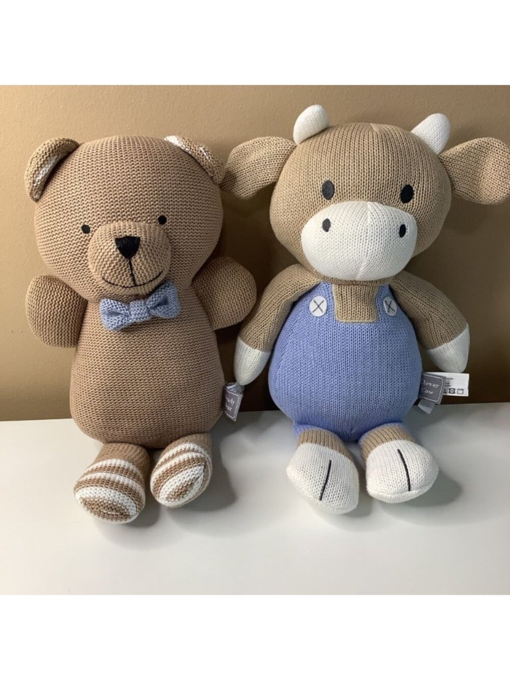 Living Textiles Brady Bear & Clover Cow Knitted Toy Rattle 15", Preloved